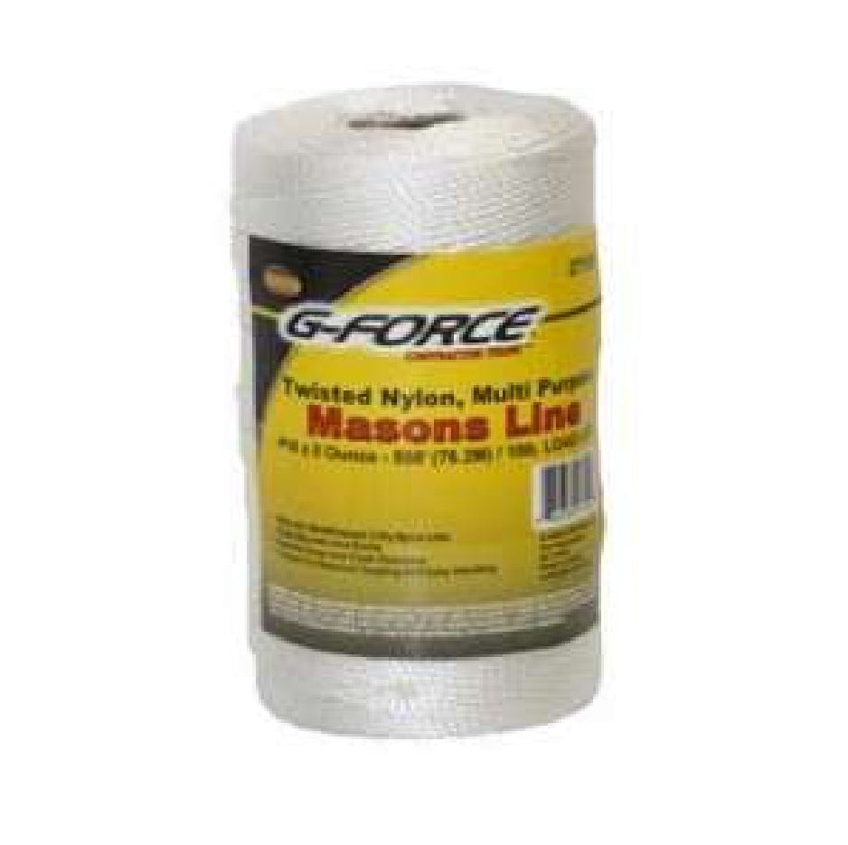 The G-FORCE 27150 Twisted Nylon Mason Line, Neon White #18 x 1/2 lb. 550 ft. Tube, features a yellow and black label with product details and is ideal for construction layout and masonry projects.